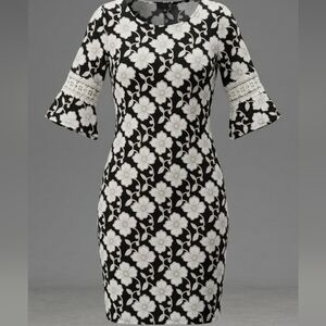 Vintage Sears Black & White Floral Bell Short Sleeves Lace-Trim Midi Dress Sz M